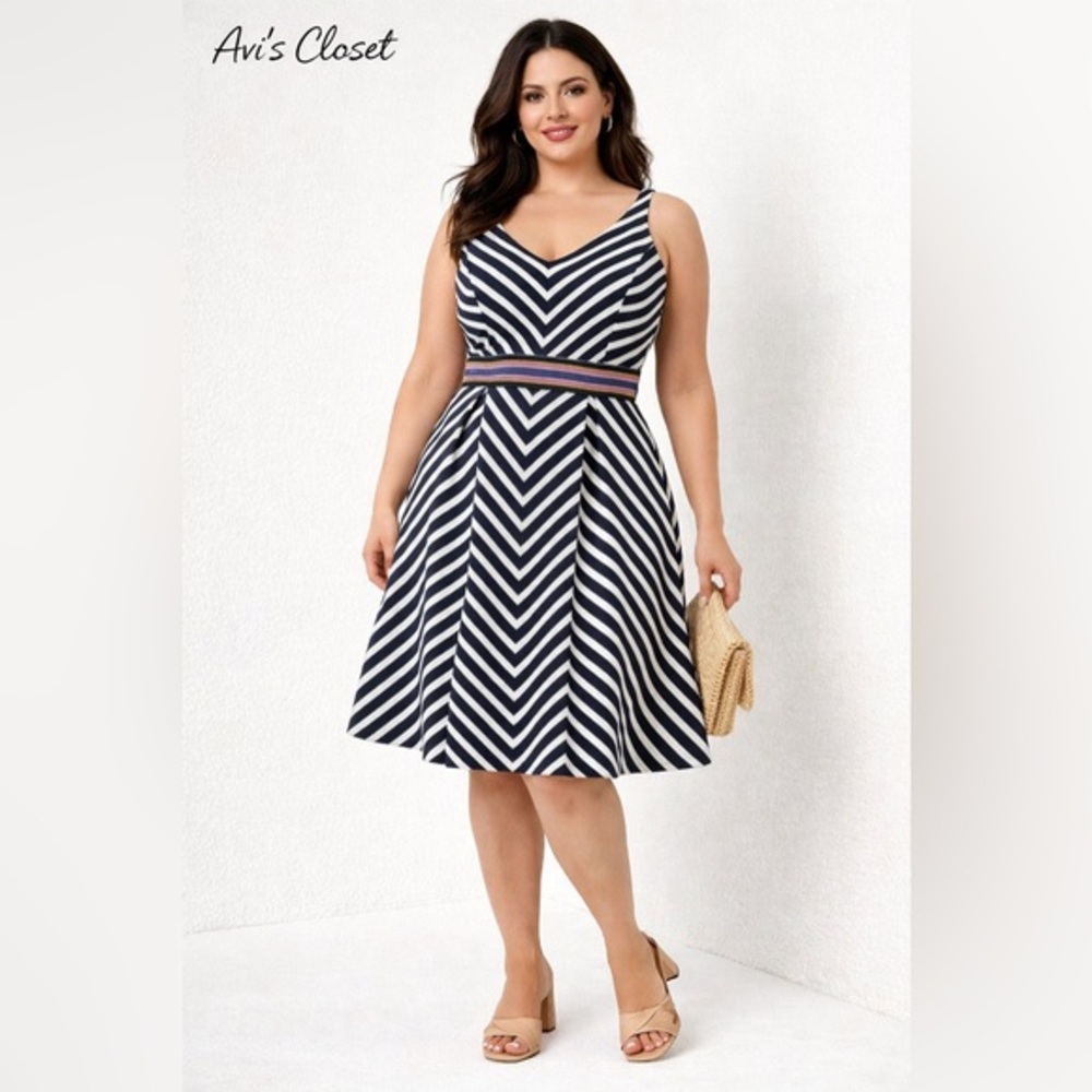 Maeve Striped Fit & Flare Dress Navy White Size 4 D07